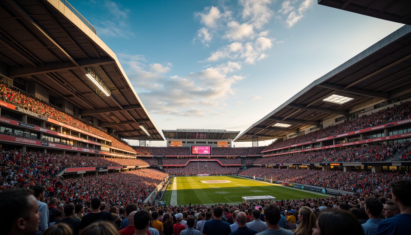 Prompt: Dynamic football stadium, structuralist architecture, bold cantilevered roofs, dramatic angular lines, exposed steel beams, raw concrete textures, vibrant team color accents, large-scale crowd seating, stadium lights, atmospheric evening ambiance, warm golden lighting, shallow depth of field, 1/2 composition, wide-angle lens, realistic materials, ambient occlusion.