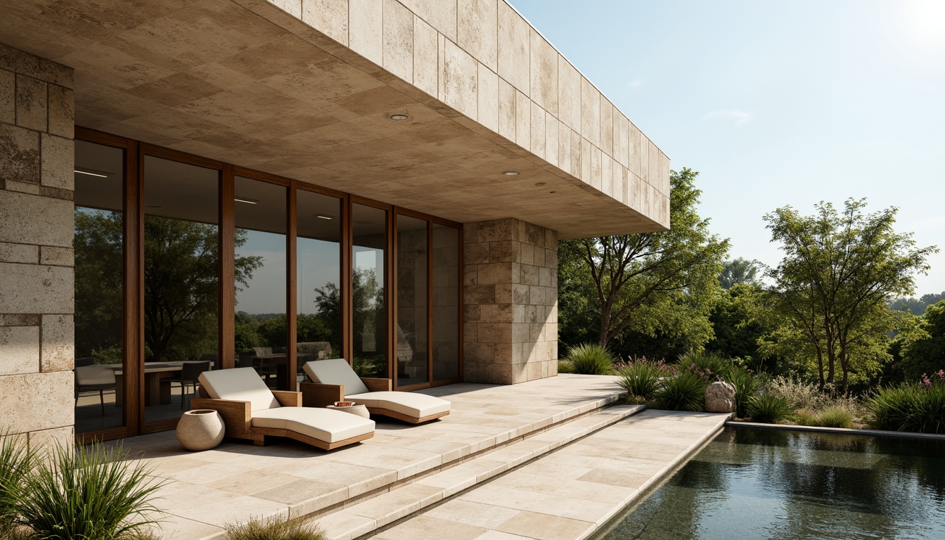 Prompt: Rustic modern villa, plastered concrete facade, earthy tone, natural texture, rough-hewn stones, minimalist architecture, sleek lines, large windows, sliding glass doors, lush greenery, verdant landscape, serene atmosphere, warm sunny day, soft diffused lighting, shallow depth of field, 3/4 composition, realistic textures, ambient occlusion.