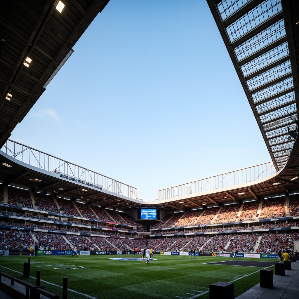 Prompt: Modern football stadium, lightweight structural systems, cantilevered roofs, tensile fabric membranes, steel cable networks, minimal support columns, open-air design, natural ventilation, abundant daylight, vibrant team colors, dynamic LED lighting, evening ambiance, shallow depth of field, 1/1 composition, wide-angle lens, realistic textures, ambient occlusion.