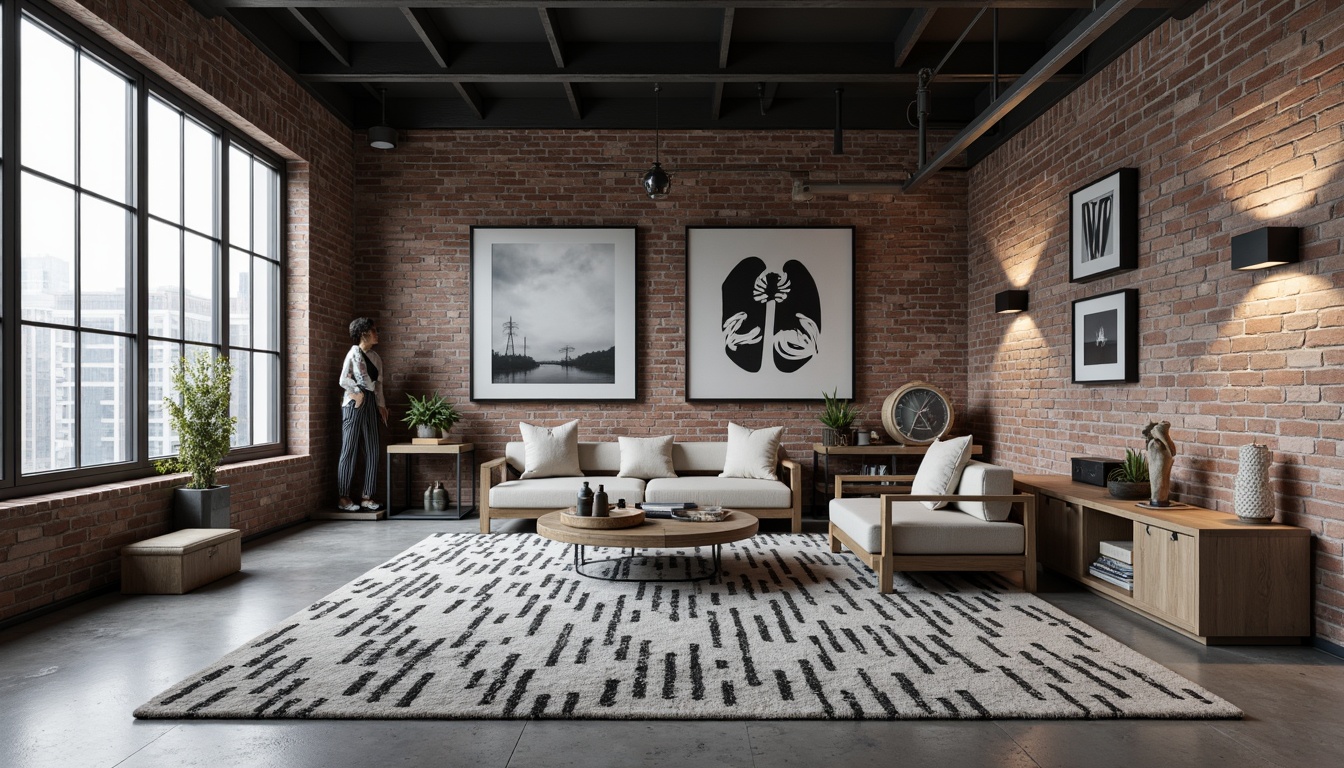 Prompt: Geometric patterned rug, abstract art pieces, industrial metal furniture, reclaimed wood accents, exposed brick walls, urban loft atmosphere, minimal ornamentation, monochromatic color scheme, bold typography, avant-garde sculptures, futuristic lighting fixtures, polished concrete floors, angular lines, brutalist architecture, functional simplicity, open floor plan, natural light pouring in, 1/1 composition, high contrast photography.