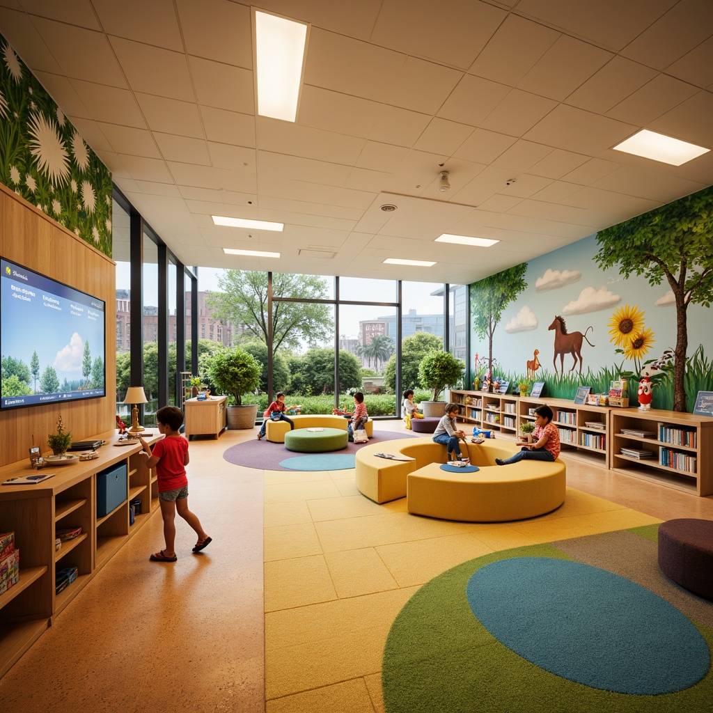 Prompt: Vibrant kindergarten interior, playful color scheme, interactive learning tools, educational toys, soft padded flooring, circular reading nooks, collaborative workstations, digital displays, touch-sensitive screens, whimsical murals, nature-inspired d\u00e9cors, cozy reading corners, ergonomic seating, flexible modular furniture, stimulating textures, warm task lighting, shallow depth of field, 1/1 composition, panoramic view, realistic materials, ambient occlusion.