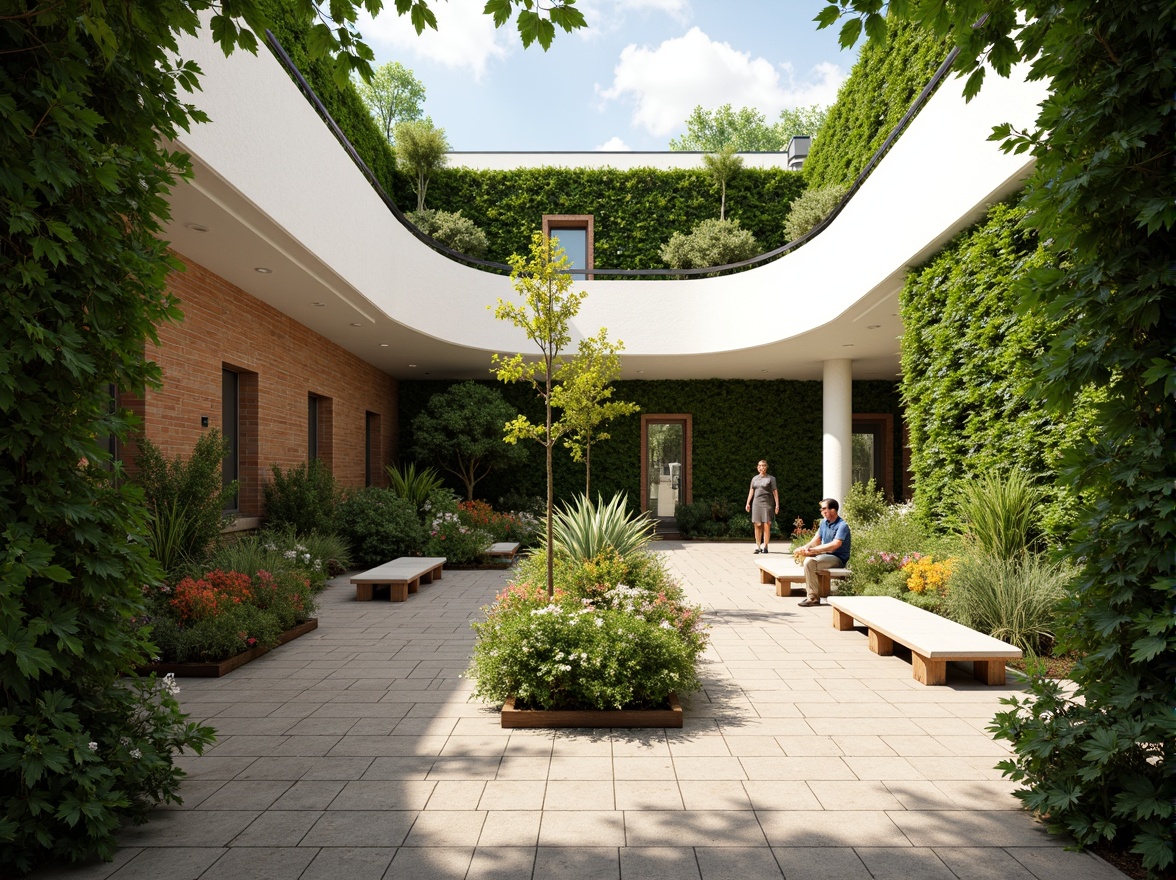 Prompt: Soothing hospital courtyard, lush green walls, natural stone flooring, wooden accents, living roofs, verdant gardens, organic architecture, curved lines, minimalist decor, abundant daylight, soft warm lighting, shallow depth of field, 3/4 composition, panoramic view, realistic textures, ambient occlusion, calming water features, serene soundscapes, vibrant floral patterns, eco-friendly materials, natural ventilation systems, energy-efficient design.