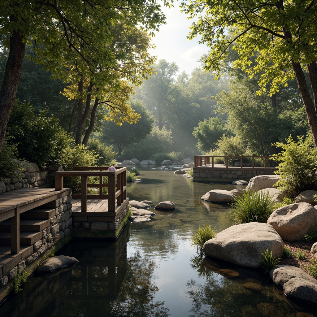 Prompt: Riverbank architecture, natural stone walls, rustic wooden docks, weathered metal railings, rough-hewn boulders, lush greenery, overhanging trees, meandering river paths, serene water reflections, warm sunlight filtering through leaves, soft misty atmosphere, shallow depth of field, 1/1 composition, realistic textures, ambient occlusion.