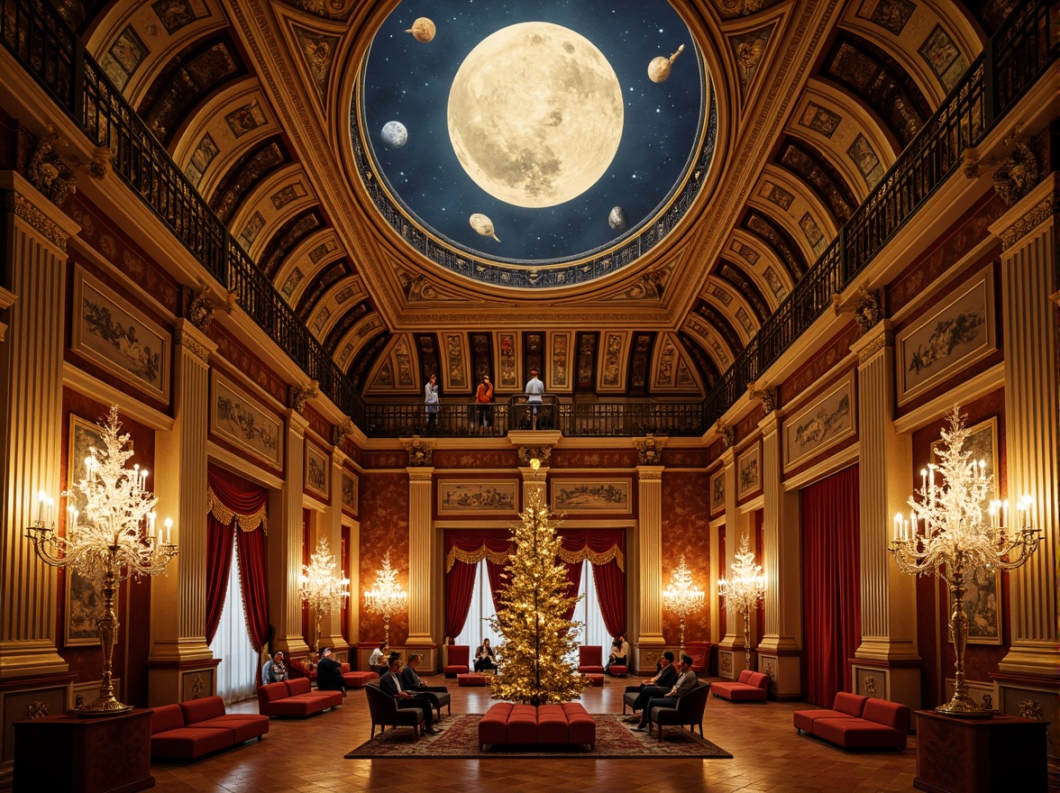 Prompt: Golden celestial bodies, ornate frescoes, grandiose chandeliers, lavish furnishings, intricate moldings, rich velvet drapes, majestic domed ceiling, Baroque-inspired ornamentation, gilded accents, crystal prisms, starry night sky projections, ambient soft lighting, warm color palette, high-contrast textures, 1/1 composition, detailed renderings, realistic reflections, subtle camera movements.