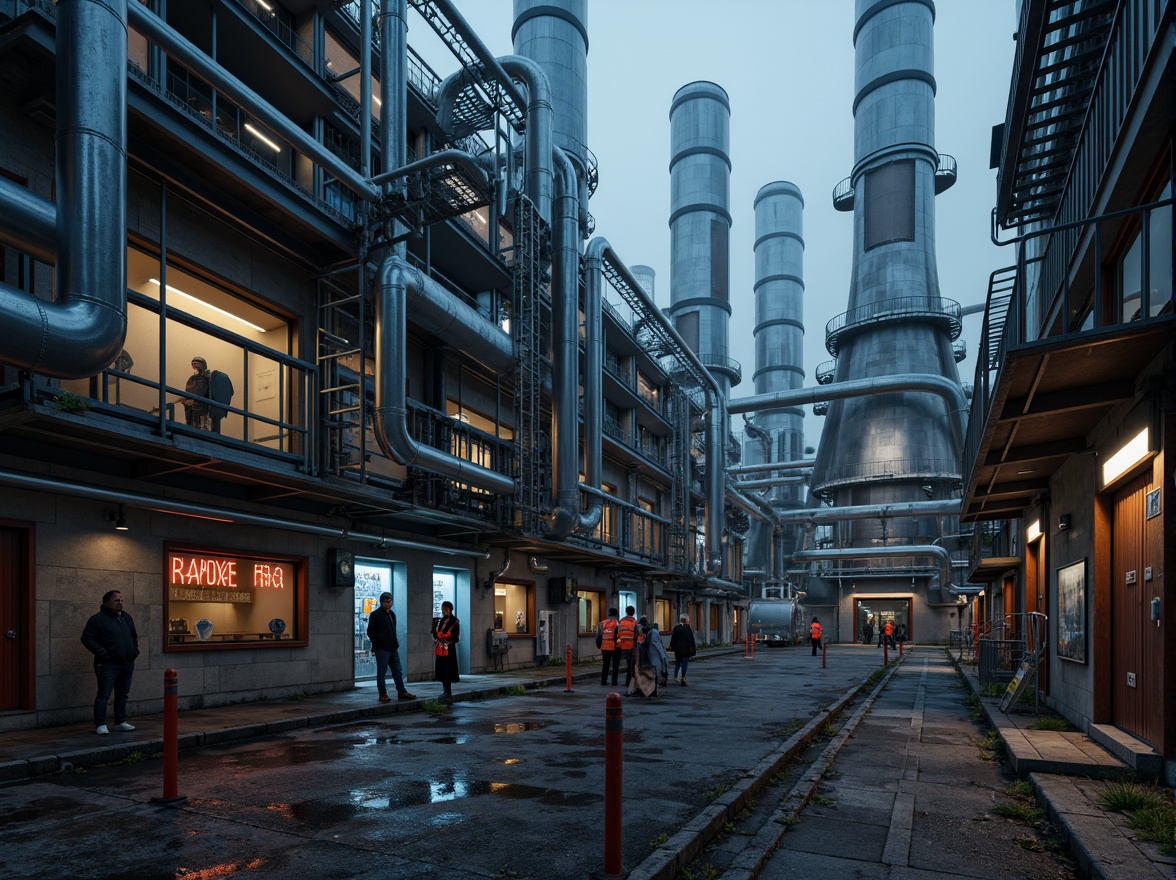 Prompt: Industrial complex, energy plant infrastructure, metallic structures, pipes and tubes, mechanical equipment, control rooms, warning signs, safety cones, neon lighting, high-visibility vests, reflective surfaces, steel beams, concrete foundations, rugged terrain, overcast sky, dramatic shadows, cinematic atmosphere, detailed textures, ambient occlusion.