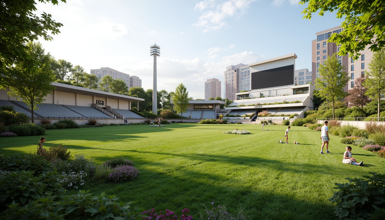 Prompt: Eco-friendly sports stadium, lush green turf, recycled rubber tracks, solar-powered scoreboards, rainwater harvesting systems, permeable pavers, natural stone walls, living roofs, wind turbines, energy-efficient LED lighting, organic fertilizers, drought-resistant grasses, native plant species, reclaimed wood bleachers, low-VOC paints, FSC-certified wood materials, sustainable drainage systems, green roof maintenance access, 1/2 composition, soft warm lighting, shallow depth of field, realistic textures, ambient occlusion.