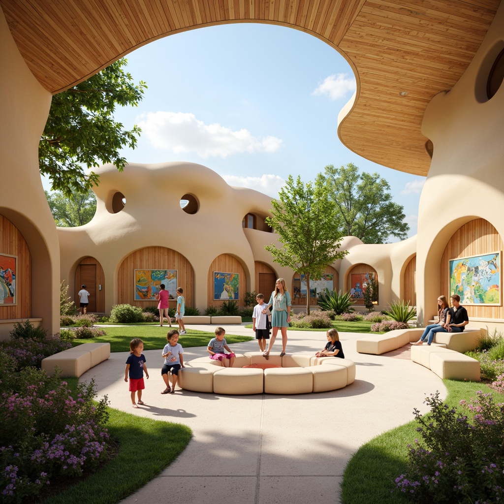 Prompt: Whimsical kindergarten setting, curved organic shapes, soft pastel colors, natural wood accents, wavy rooflines, irregularly-shaped windows, playful blob-like structures, cozy reading nooks, cushioned seating areas, vibrant textile patterns, educational murals, interactive play equipment, sensory exploration zones, abundant greenery, warm sunlight filtering, shallow depth of field, 1/1 composition, soft focus, gentle bokeh.