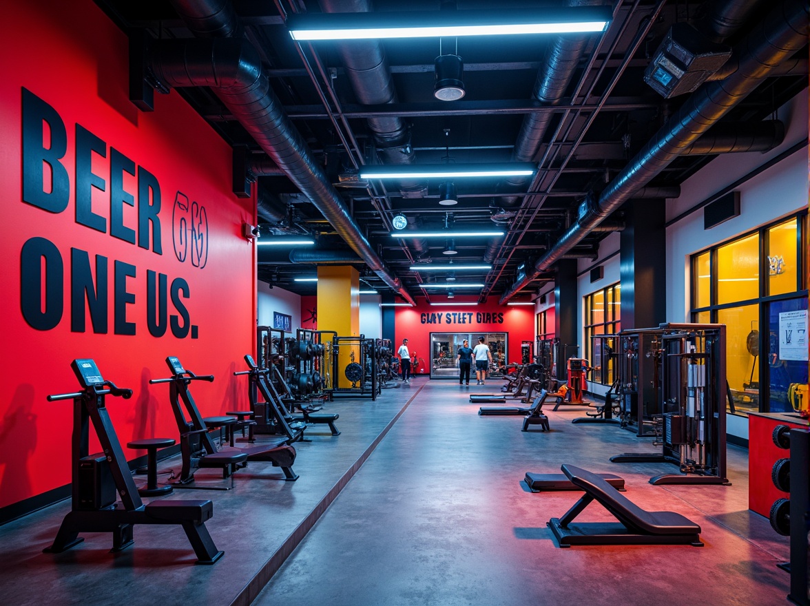 Prompt: Vibrant gym interior, energetic color scheme, bold red accents, deep blue tones, bright yellow highlights, modern industrial architecture, exposed ductwork, polished concrete floors, sleek metal equipment, motivational quotes, dynamic lighting, high-contrast shadows, dramatic spotlights, intense workout atmosphere, futuristic fitness technology, innovative exercise machines, spacious open layout, minimalistic decor, athletic wear displays, refreshing water features.