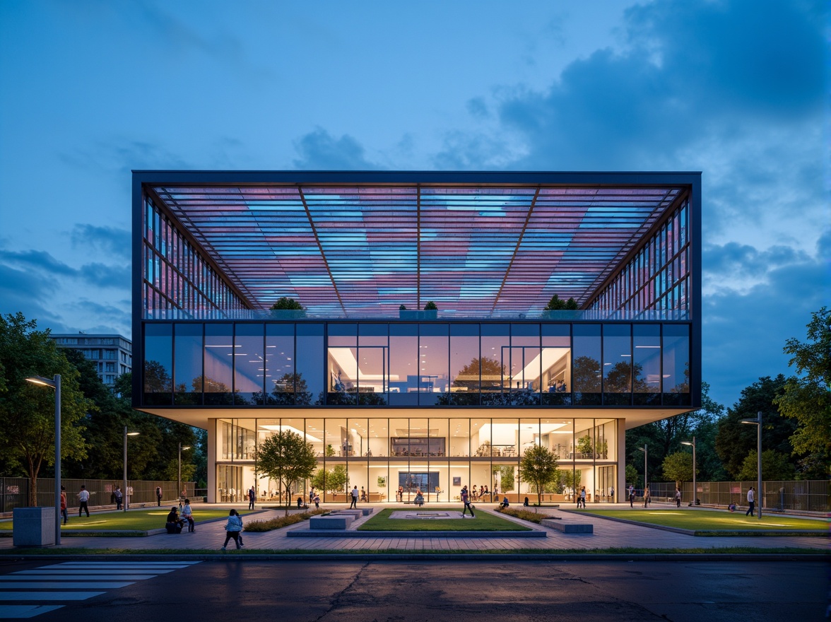 Prompt: Modern gymnasium building, international style, sleek metal fa\u00e7ade, cantilevered roofs, large glass windows, minimalist design, geometric patterns, bold color scheme, vibrant LED lights, dynamic architecture, futuristic aesthetic, angular lines, eco-friendly materials, green roofs, solar panels, wind turbines, water conservation systems, shaded outdoor spaces, misting systems, sports equipment, basketball courts, running tracks, football fields, modern fitness facilities, state-of-the-art technology integration, panoramic view, realistic textures, ambient occlusion.