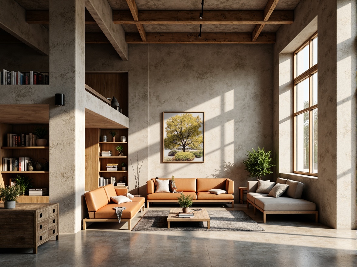 Prompt: Rustic plastered concrete walls, earthy color palette, rough texture, industrial aesthetic, modern minimalist design, urban loft atmosphere, natural light pouring in, large windows, metal beams, wooden accents, cozy reading nooks, soft warm lighting, shallow depth of field, 3/4 composition, realistic textures, ambient occlusion.