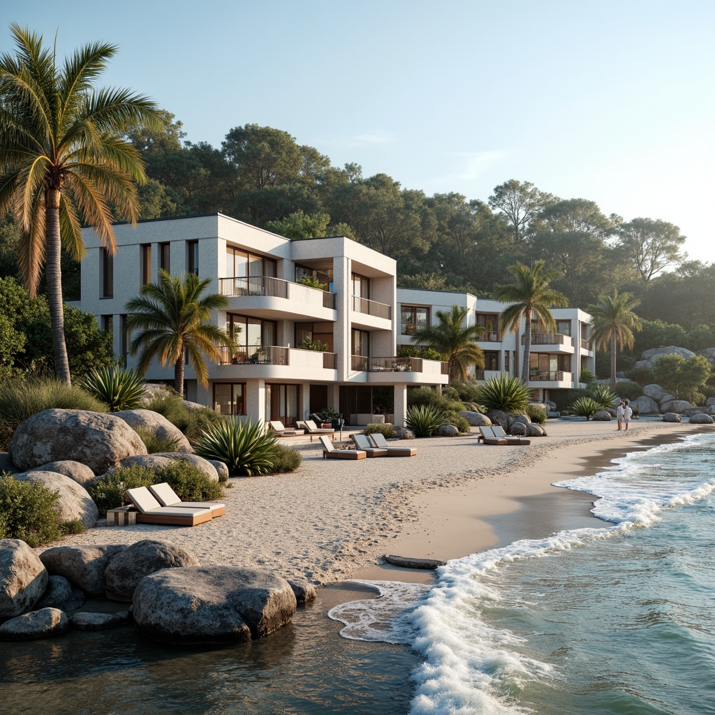 Prompt: Whimsical beachfront villas, undulating waves, salty sea air, driftwood accents, weathered stone walls, curved lines, nautical color palette, ocean-inspired textures, asymmetrical fa\u00e7ades, oversized windows, sliding glass doors, cozy balconies, seaside vegetation, sandy dunes, warm sunny day, soft natural lighting, shallow depth of field, 1/1 composition, intimate atmospheric perspective, realistic ocean sounds, misty morning ambiance.