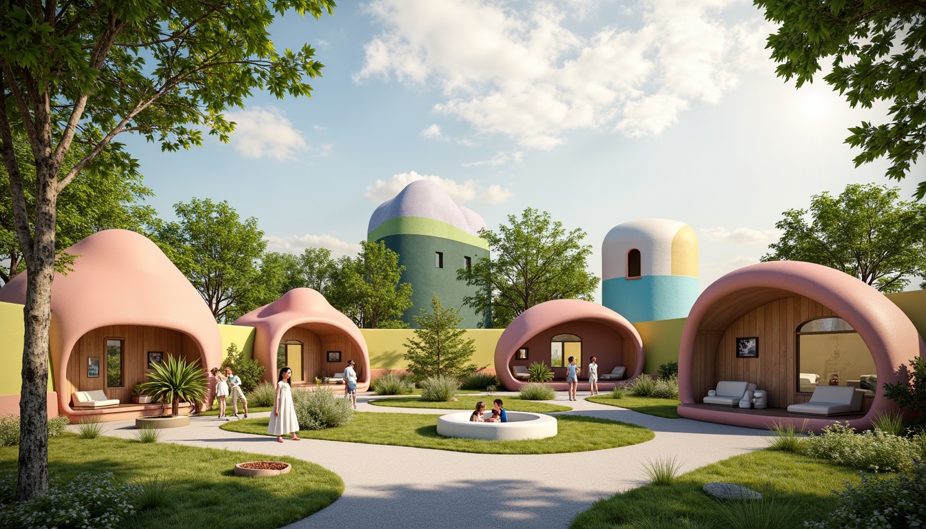 Prompt: Whimsical kindergarten building, organic blob-like structures, soft rounded edges, vibrant pastel colors, playful murals, natural wooden accents, green roofs, lush indoor gardens, winding pathways, cozy reading nooks, circular windows, minimalist furniture, earthy materials, eco-friendly design, abundant natural light, warm sunny days, shallow depth of field, 1/1 composition, realistic textures, ambient occlusion.