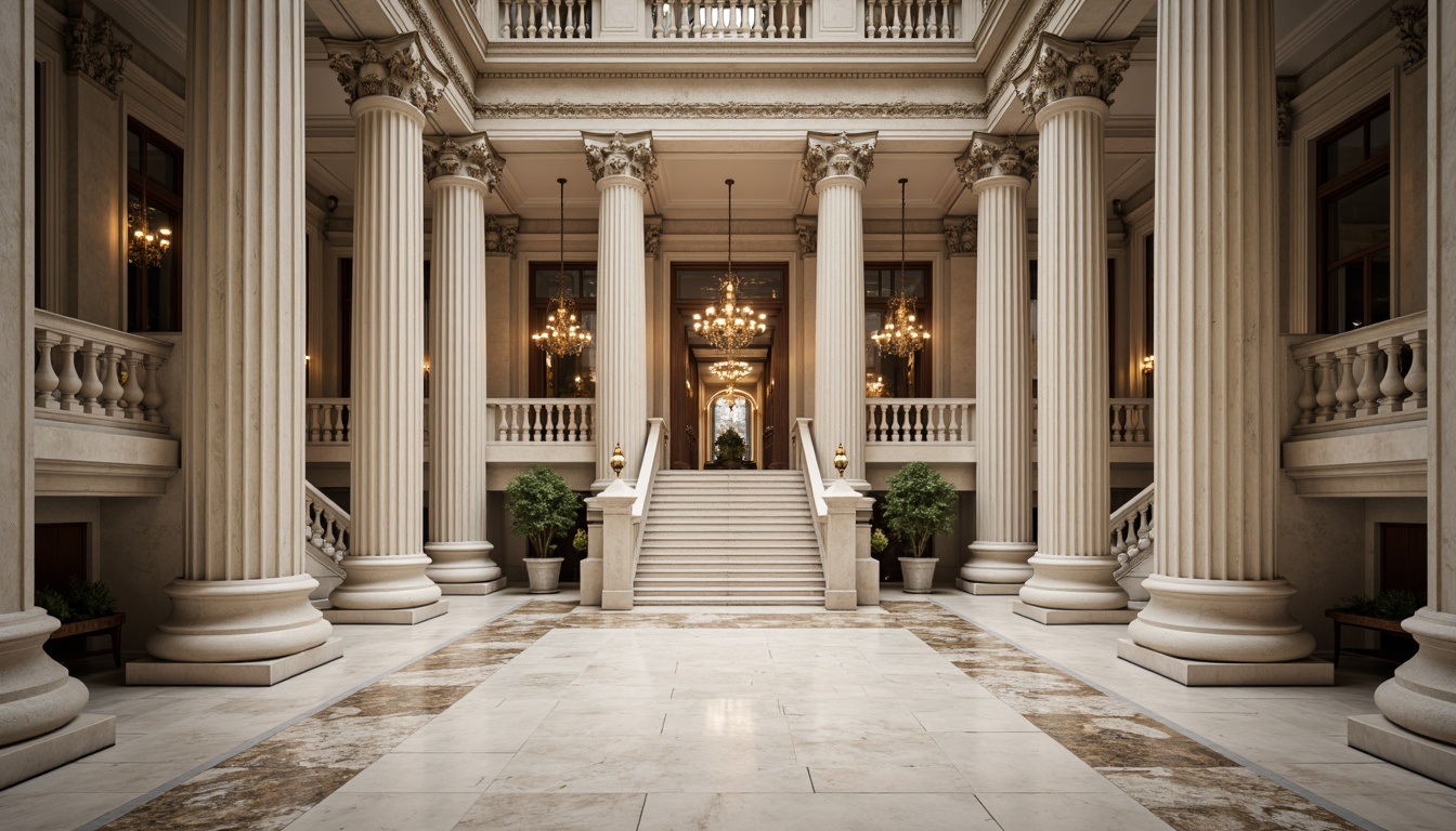 Prompt: Grandiose neoclassical building, imposing columns, ornate capitals, intricately carved details, symmetrical facade, majestic entrance, sweeping staircase, polished marble floors, high ceilings, elegant chandeliers, classical proportions, harmonious balance, subtle color palette, natural light, shallow depth of field, 1/2 composition, realistic textures, ambient occlusion.