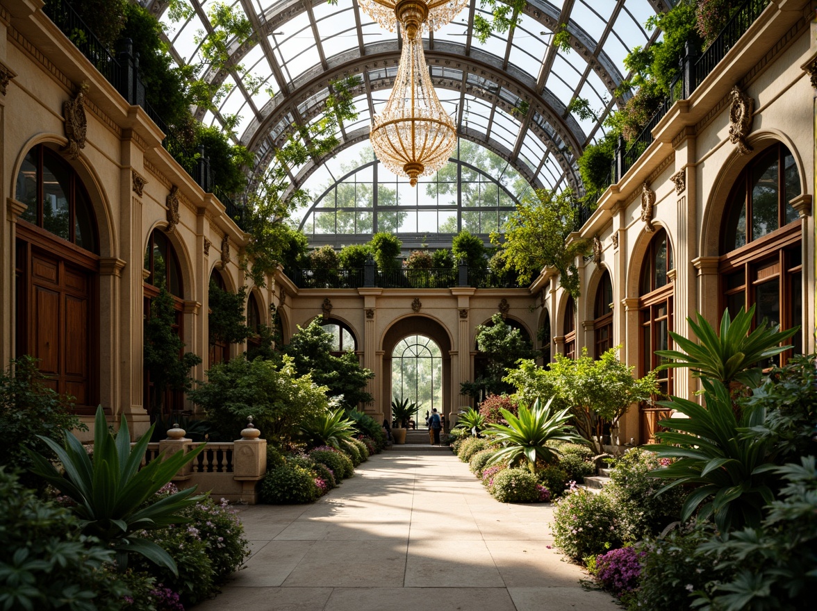 Prompt: Grandiose greenhouse, opulent baroque details, intricately carved wooden doors, ornate metal fixtures, lavish botanical gardens, exotic tropical plants, sparkling crystal chandeliers, majestic stone columns, curved glass roofs, dramatic archways, lush green walls, vibrant floral arrangements, soft warm lighting, shallow depth of field, 1/1 composition, realistic textures, ambient occlusion.