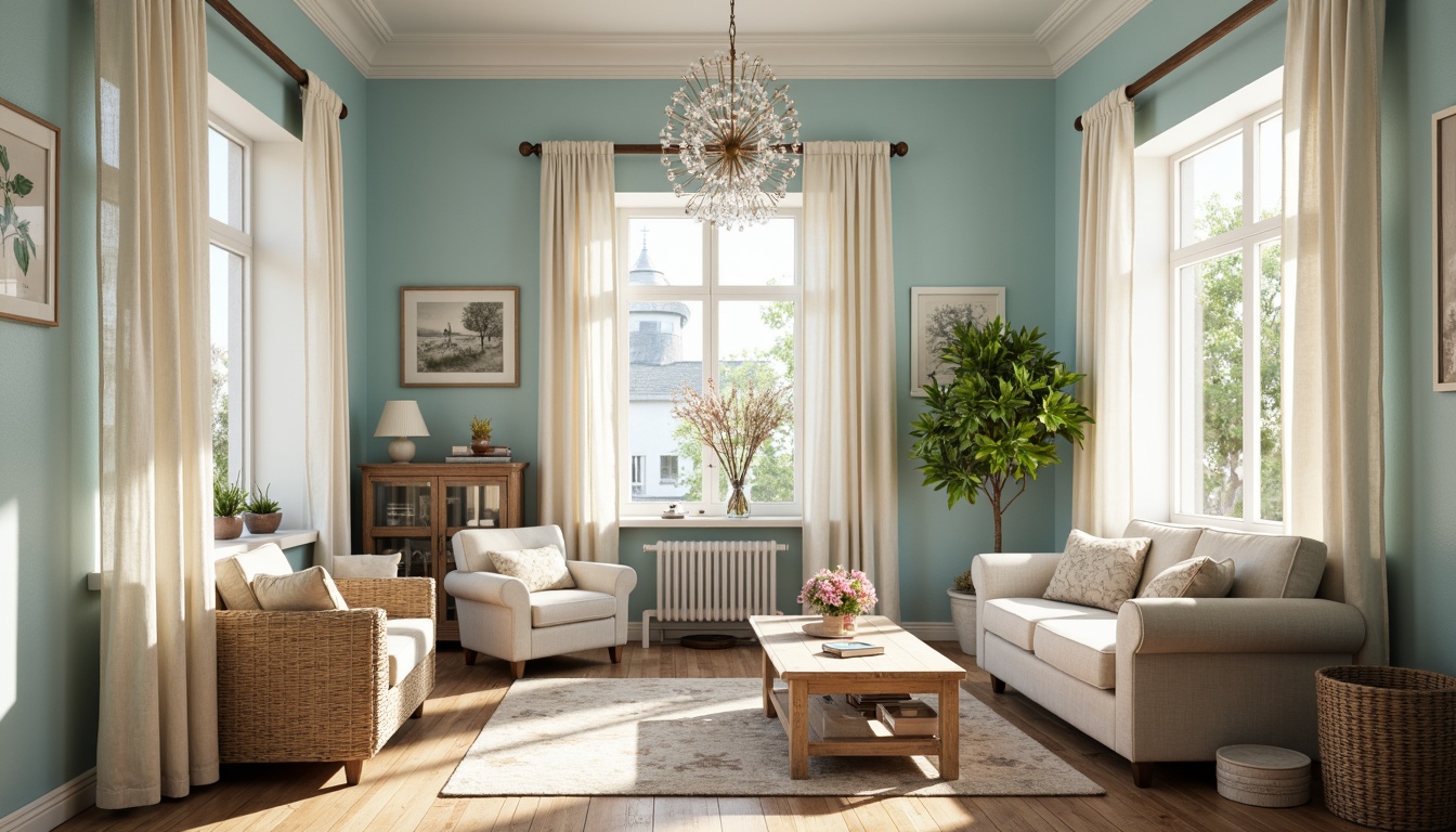 Prompt: Soft powder blue walls, creamy white accents, warm beige furniture, delicate lace curtains, vintage metal hardware, distressed wood flooring, natural linen upholstery, elegant crystal chandeliers, subtle patterned rugs, calming atmosphere, warm afternoon sunlight, shallow depth of field, 1/1 composition, realistic textures, ambient occlusion.