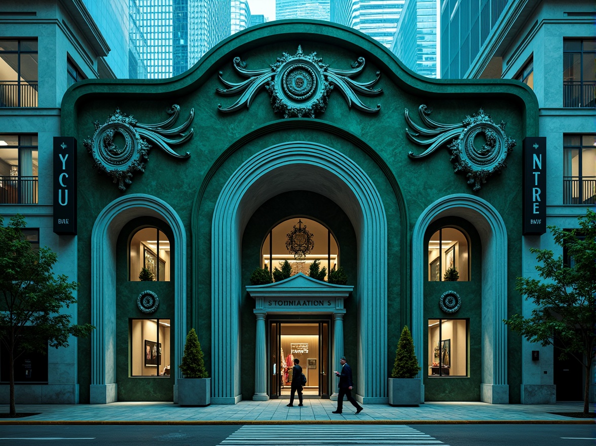 Prompt: Ornate bank facade, expressive sculptural forms, dramatic curved lines, bold geometric patterns, vibrant blue-green hues, luxurious marble textures, grandiose entranceways, imposing columns, intricate stone carvings, ornamental metalwork, oversized windows, decorative friezes, abstracted shapes, futuristic accents, moody atmospheric lighting, cinematic composition, high-contrast rendering, detailed architectural ornaments.