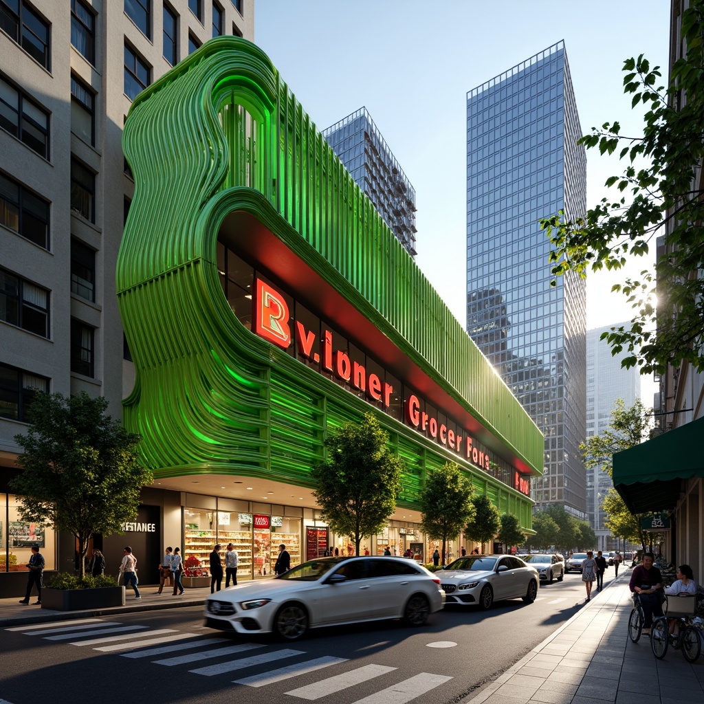 Prompt: Vibrant grocery store, metabolism-inspired facade, dynamic curvaceous lines, futuristic metallic materials, neon green accents, LED light strips, geometric patterns, 3D textured surfaces, urban cityscape, busy street scene, morning sunlight, shallow depth of field, 1/2 composition, realistic reflections, ambient occlusion.