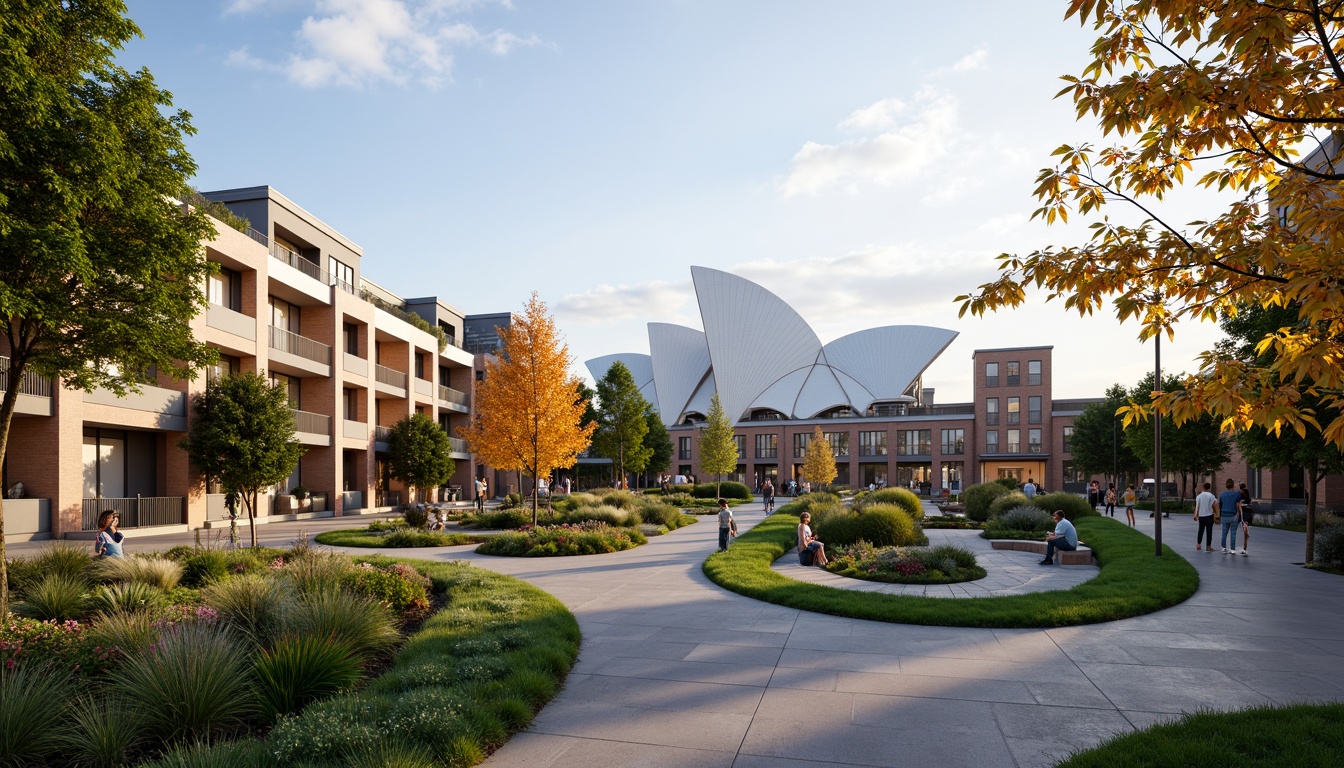 Prompt: Vibrant cultural hub, iconic opera house, social housing complex, lush green spaces, walking trails, community gardens, public art installations, modern urban planning, mixed-use development, pedestrian-friendly pathways, street furniture, soft landscaping, flowering trees, vibrant seasonal blooms, warm evening lighting, shallow depth of field, 1/1 composition, panoramic view, realistic textures, ambient occlusion.