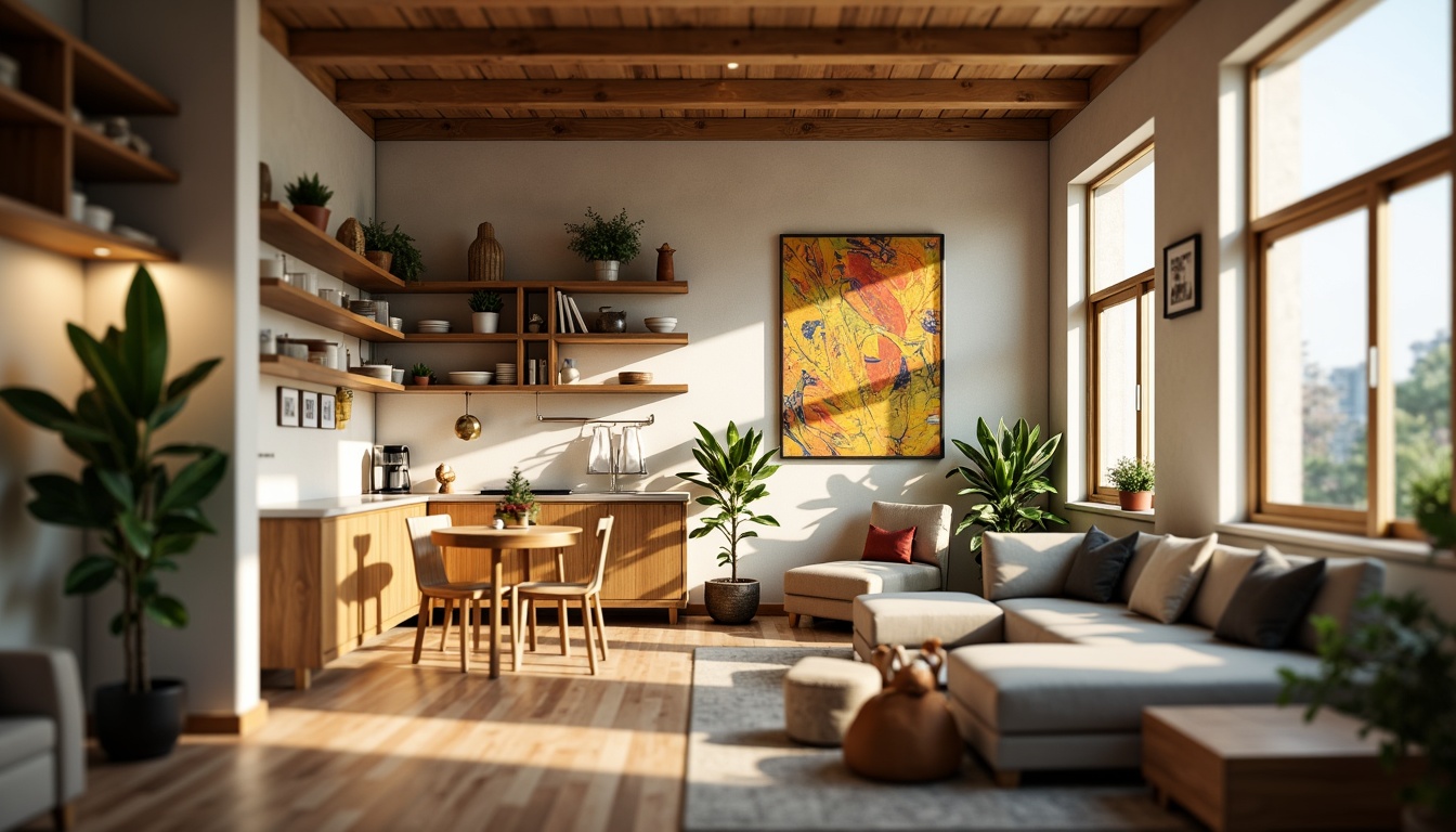 Prompt: Cozy social housing, compact living spaces, efficient floor plans, natural light-filled interiors, earthy tone color schemes, minimalist decor, space-saving furniture, built-in storage solutions, communal kitchen areas, shared lounge spaces, vibrant community artwork, soft warm lighting, shallow depth of field, 3/4 composition, realistic textures, ambient occlusion.