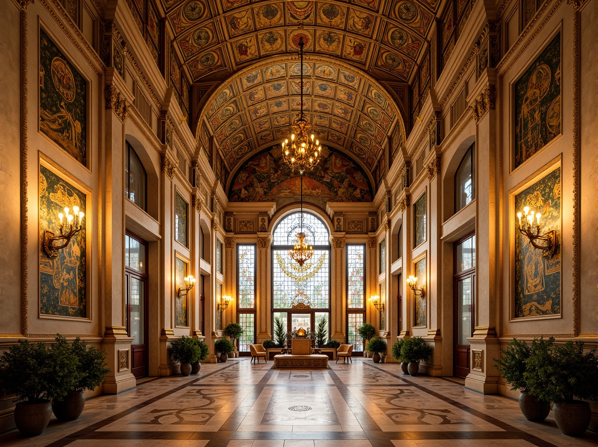 Prompt: Intricate gold mosaics, vibrant glass tiles, ornate Christian symbols, lavish imperial palaces, grand basilicas, ornamental arches, domed ceilings, richly textured marble floors, luxurious silk fabrics, golden lighting fixtures, soft warm glow, shallow depth of field, 3/4 composition, symmetrical balance, realistic reflections, ambient occlusion.