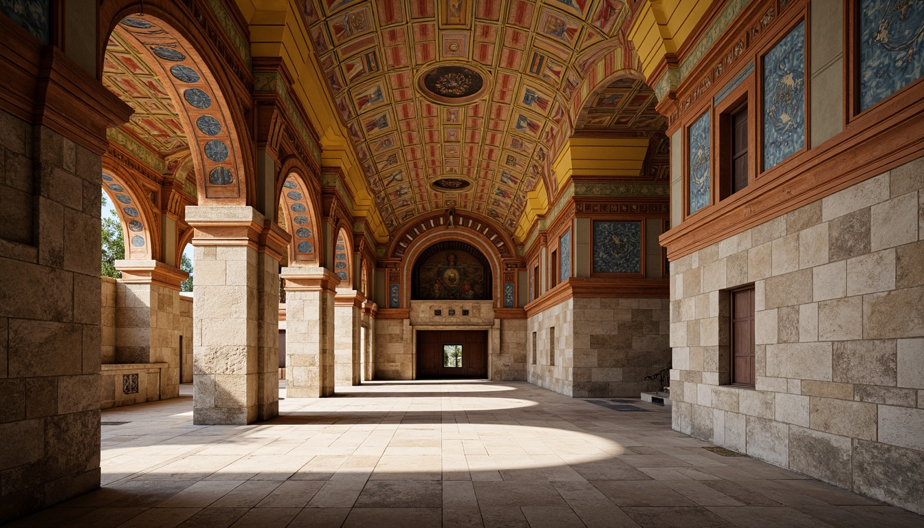 Prompt: Ancient Byzantine architecture, ornate stone carvings, intricate brick patterns, grand domes, golden mosaics, richly decorated arches, ornamental columns, vibrant frescoes, rustic stone walls, textured stucco finishes, warm earthy tones, soft natural lighting, 1/1 composition, symmetrical framing, shallow depth of field, realistic textures, ambient occlusion.