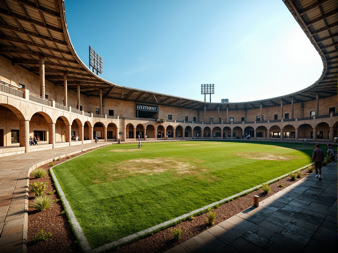 Prompt: Rustic sports stadium, ancient Roman-inspired fa\u00e7ade, ornate arches, grand columns, intricate stone carvings, vibrant green turf, athletic tracks, modern floodlights, sleek metal roofing, weathered stone walls, earthy tone color scheme, warm sunny day, shallow depth of field, 1/2 composition, dramatic shadows, realistic textures, ambient occlusion.