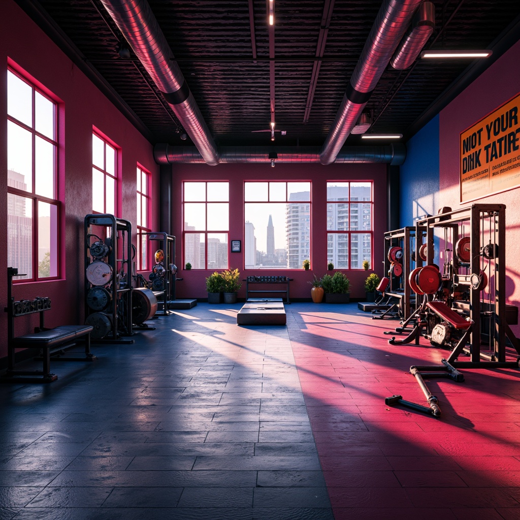 Prompt: Vibrant gym interior, bold color scheme, energetic atmosphere, neon accents, dynamic lighting, industrial metal equipment, modern fitness machines, wooden flooring, motivational quotes, urban city views, early morning sunlight, high-contrast shading, 1/1 composition, realistic reflections, ambient occlusion.