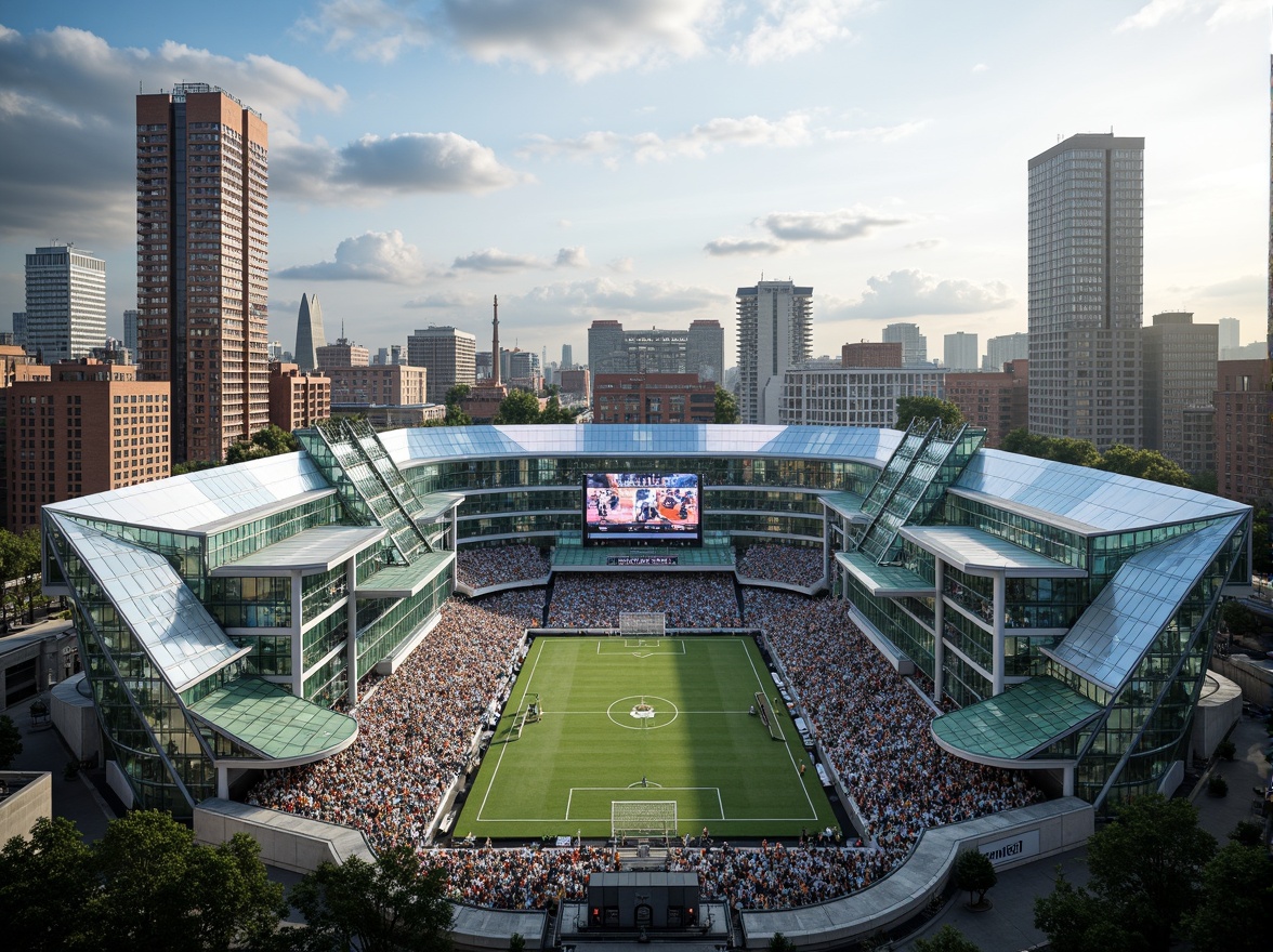 Prompt: Modern stadium architecture, transparent glass facades, cantilevered roofs, open-air concourses, vibrant LED lighting, dynamic crowd scenes, urban cityscape backdrop, afternoon sunlight, soft focus, shallow depth of field, 1/1 composition, realistic reflections, ambient occlusion, sleek metal structures, minimalist design, sustainable materials, green roofs, innovative ventilation systems, shaded seating areas, misting systems, futuristic ambiance, bold geometric patterns.