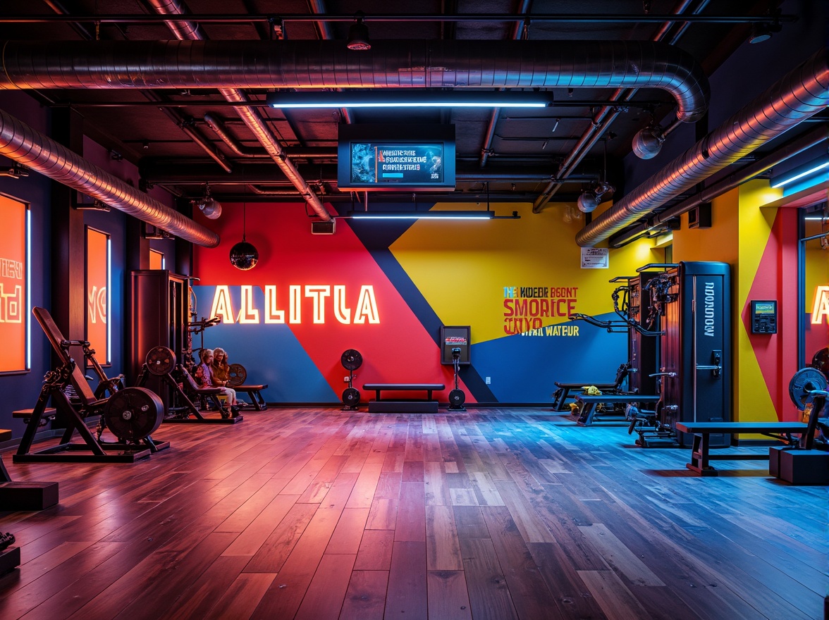 Prompt: Vibrant gym interior, bold color scheme, energetic atmosphere, motivational quotes, modern sports equipment, polished wooden floors, bright overhead lighting, dynamic shadows, high-contrast accents, metallic tones, athletic wear-inspired hues, intense reds, deep blues, electric yellows, sleek lines, industrial materials, urban aesthetics, abstract geometric patterns, futuristic ambiance, dramatic spotlights, low-angle photography.