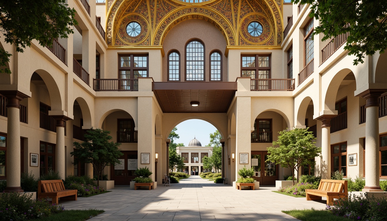 Prompt: Majestic middle school building, Byzantine-inspired architecture, grand arches, ornate columns, intricate mosaics, golden domes, vibrant turquoise accents, warm beige stone walls, lush greenery, educational signage, wooden benches, natural light pouring through stained glass windows, shallow depth of field, 3/4 composition, symmetrical framing, soft warm lighting, realistic textures, ambient occlusion.