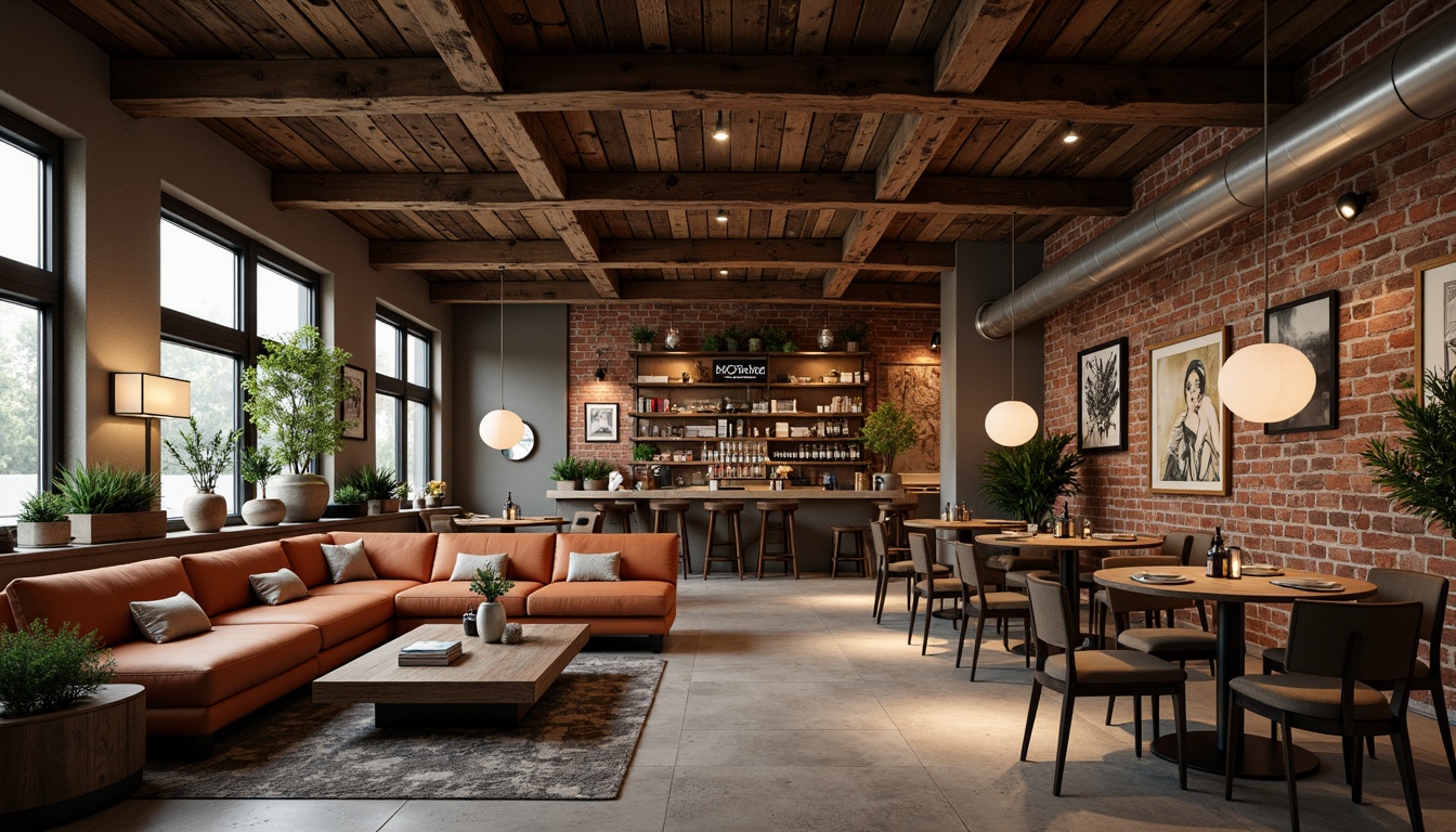 Prompt: Cozy coffee shop atmosphere, reclaimed wood accents, industrial metal beams, exposed brick walls, modern minimalist decor, comfortable plush sofas, rustic wooden tables, decorative pendant lamps, lush greenery, natural stone floors, earthy tone color palette, warm ambient lighting, shallow depth of field, 3/4 composition, panoramic view, realistic textures, ambient occlusion.