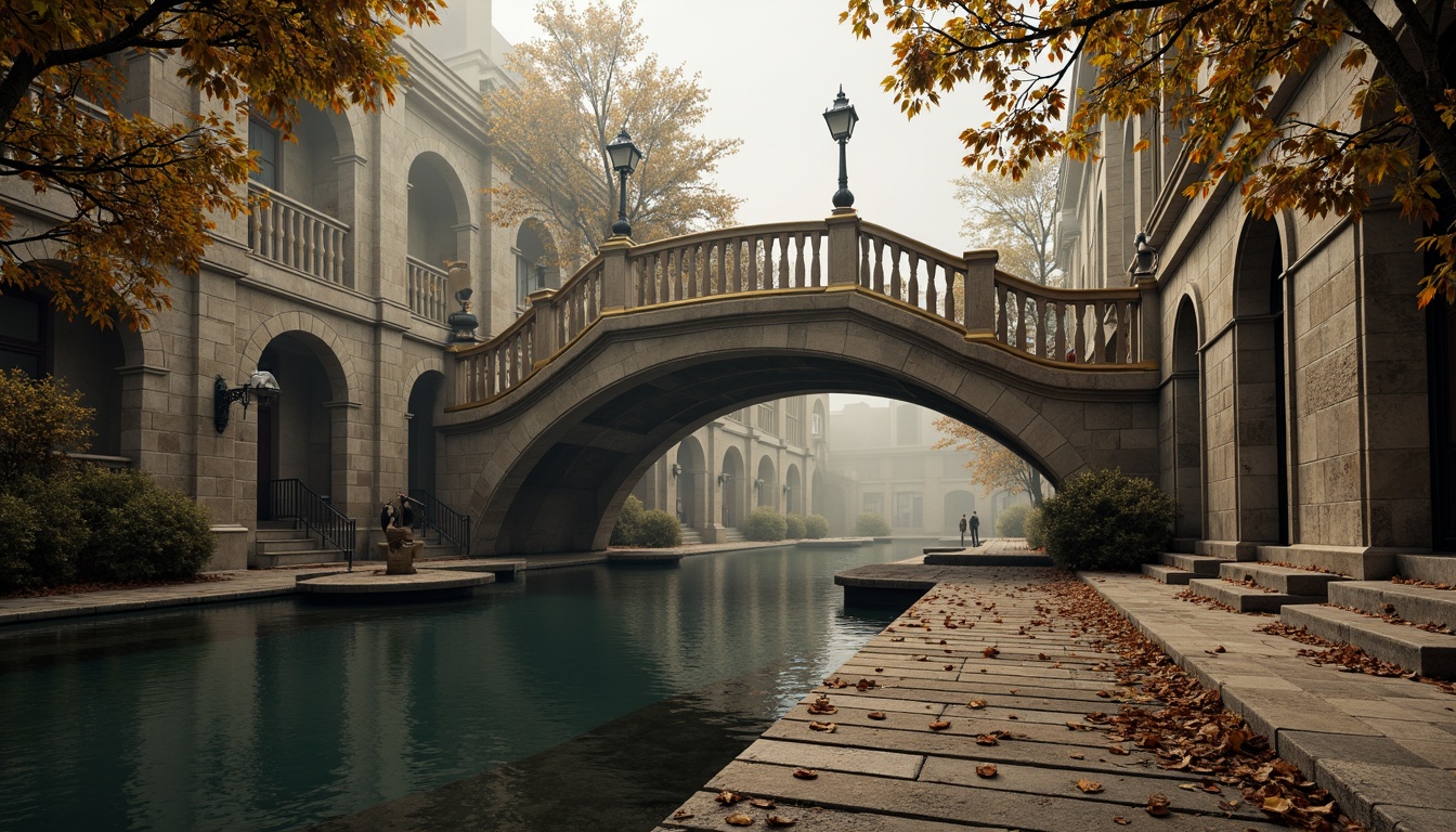 Prompt: Ornate Byzantine bridge, intricately carved stone balustrades, golden accents, majestic arches, ornamental lanterns, rustic stonework, weathered wooden planks, serene water reflections, misty atmospheric perspective, soft warm lighting, shallow depth of field, 2/3 composition, realistic textures, ambient occlusion.