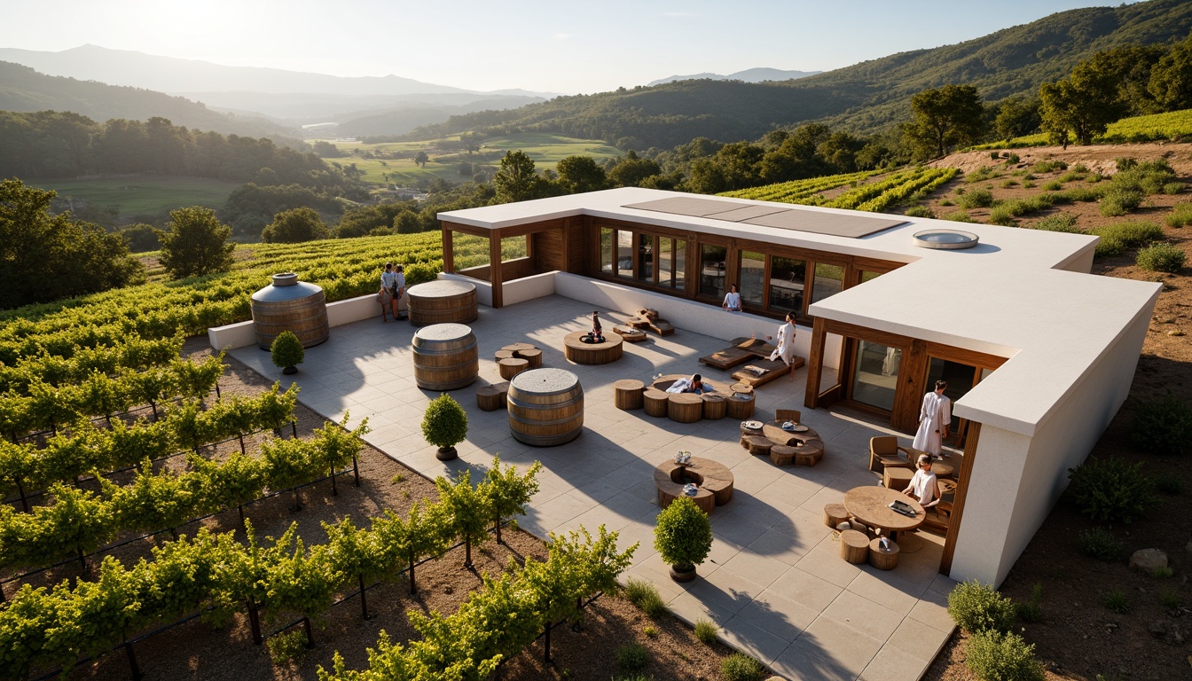 Prompt: Vineyard landscape, rolling hills, lush green vines, rustic stone walls, modern winery architecture, geometric shapes, circular fermentation tanks, angular wooden barrels, minimalist tasting rooms, sleek metal accents, natural light pouring in, warm earthy tones, soft focus, shallow depth of field, 1/2 composition, symmetrical framing, realistic textures, ambient occlusion.