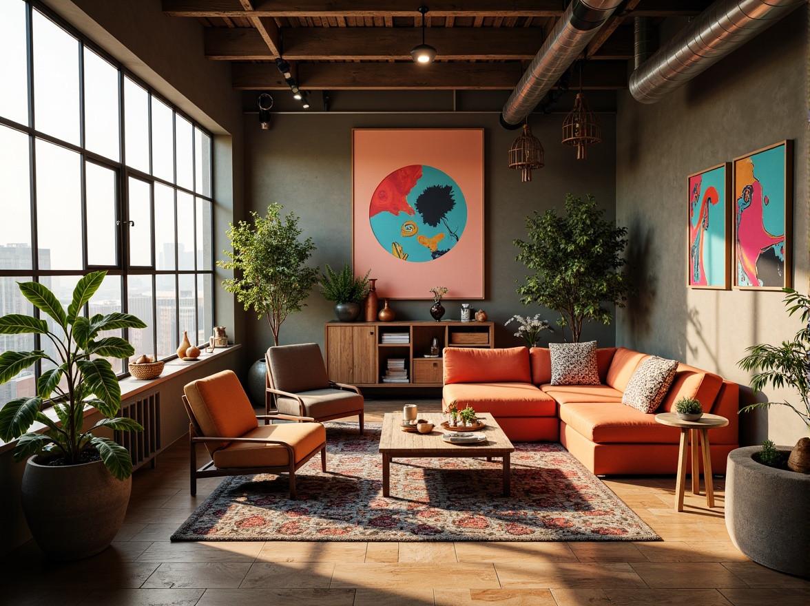 Prompt: Vibrant design studio, modern artistic space, eclectic furniture, bold color accents, contrasting textures, abstract art pieces, geometric patterns, natural materials, reclaimed wood, industrial chic lighting, urban cityscape views, warm afternoon sunlight, soft gradient backgrounds, 3D composition, atmospheric perspective, cinematic depth of field.