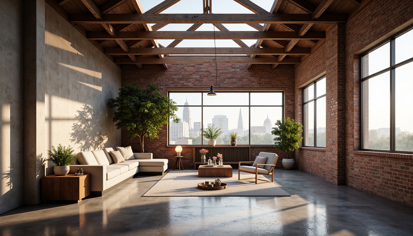 Prompt: Industrial chic loft, exposed brick walls, wooden beams, metal columns, polished concrete floors, floor-to-ceiling windows, clerestory windows, skylights, minimalist decor, functional layout, open plan living, natural textiles, earthy color palette, urban views, cityscape backdrop, warm afternoon sunlight, soft diffused lighting, shallow depth of field, 1/2 composition, realistic materials, ambient occlusion.