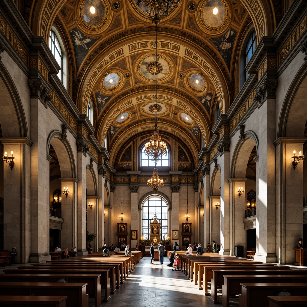 Prompt: Intricate stone carvings, ornate capitals, majestic arches, vaulted ceilings, grand domes, rich mosaics, golden accents, sacred icons, solemn atmosphere, soft warm lighting, dramatic shadows, 1/1 composition, symmetrical balance, classical influence, Byzantine Revival style, historic landmark, spiritual sanctuary.