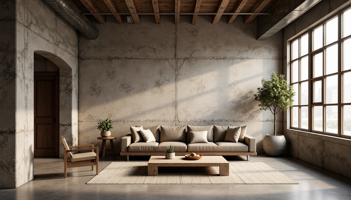 Prompt: Rustic textured walls, plastered concrete finish, earthy tones, natural materials, industrial chic aesthetic, urban loft atmosphere, exposed ductwork, metal beams, reclaimed wood accents, minimalist decor, soft warm lighting, shallow depth of field, 1/1 composition, realistic textures, ambient occlusion.