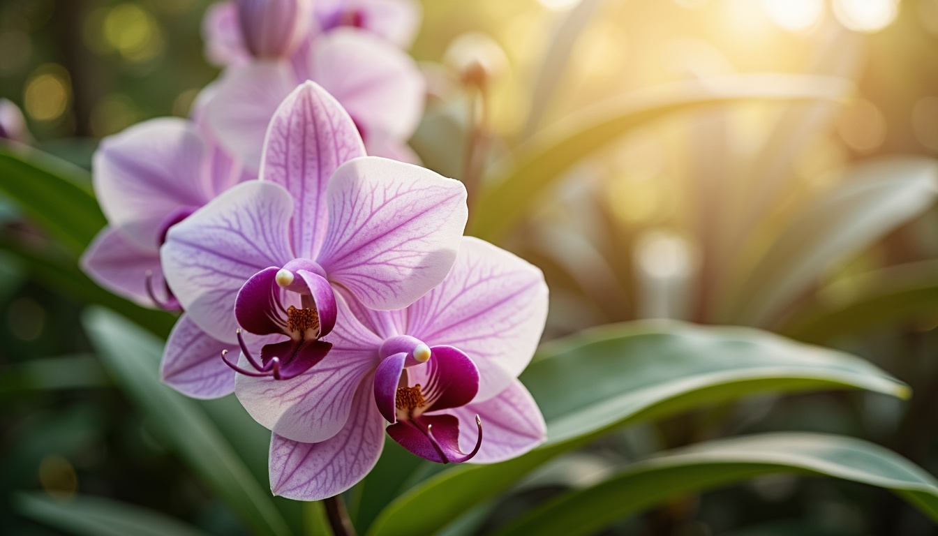 Prompt: Elegant orchid flowers, soft delicate petals, pastel purple hues, creamy whites, gentle pinks, lush green foliage, subtle earthy tones, warm golden light, shallow depth of field, 1/1 composition, intimate close-up view, realistic textures, ambient occlusion, whimsical fantasy atmosphere, romantic soft focus, delicate watercolor brushstrokes.