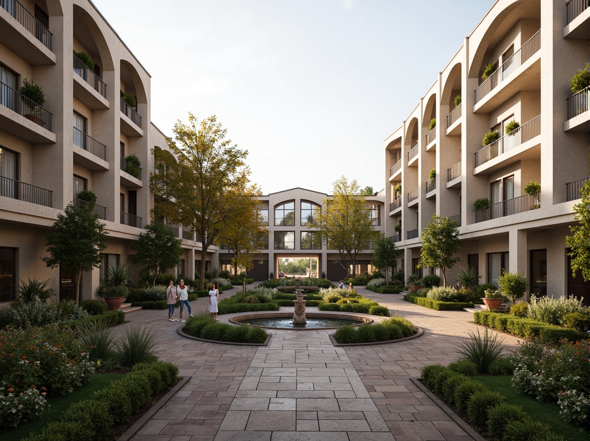 Prompt: Symmetrical social housing, neoclassical fa\u00e7ades, ornate columns, elegant arches, manicured lawns, vibrant flower beds, pruned shrubbery, meandering walkways, rustic stone pavements, ornamental fountains, classical statues, tranquil courtyards, soft warm lighting, shallow depth of field, 3/4 composition, panoramic view, realistic textures, ambient occlusion.