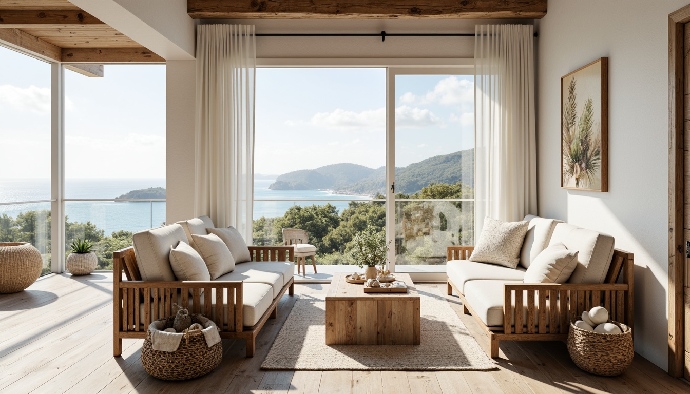 Prompt: Cozy coastal cottage, driftwood furniture, soft linen upholstery, calming ocean views, natural textiles, woven sea grass baskets, coral-inspired accents, shell-adorned decorative items, distressed wood flooring, beachy color palette, creamy whites, soothing blues, warm sandy neutrals, floor-to-ceiling windows, sliding glass doors, minimalist decor, organic shapes, subtle nautical themes, ambient soft lighting, relaxed atmosphere, 1/2 composition, shallow depth of field, realistic textures.