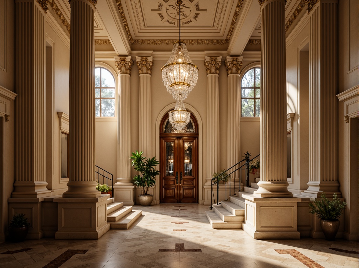 Prompt: Elegant neoclassical fa\u00e7ade, majestic columns, ornate capitals, fluted shafts, rusticated bases, symmetrical composition, grand entrance, sweeping staircases, polished marble floors, intricately carved wooden doors, crystal chandeliers, soft golden lighting, subtle shadows, 1/2 composition, classical proportions, harmonious balance, serene atmosphere.