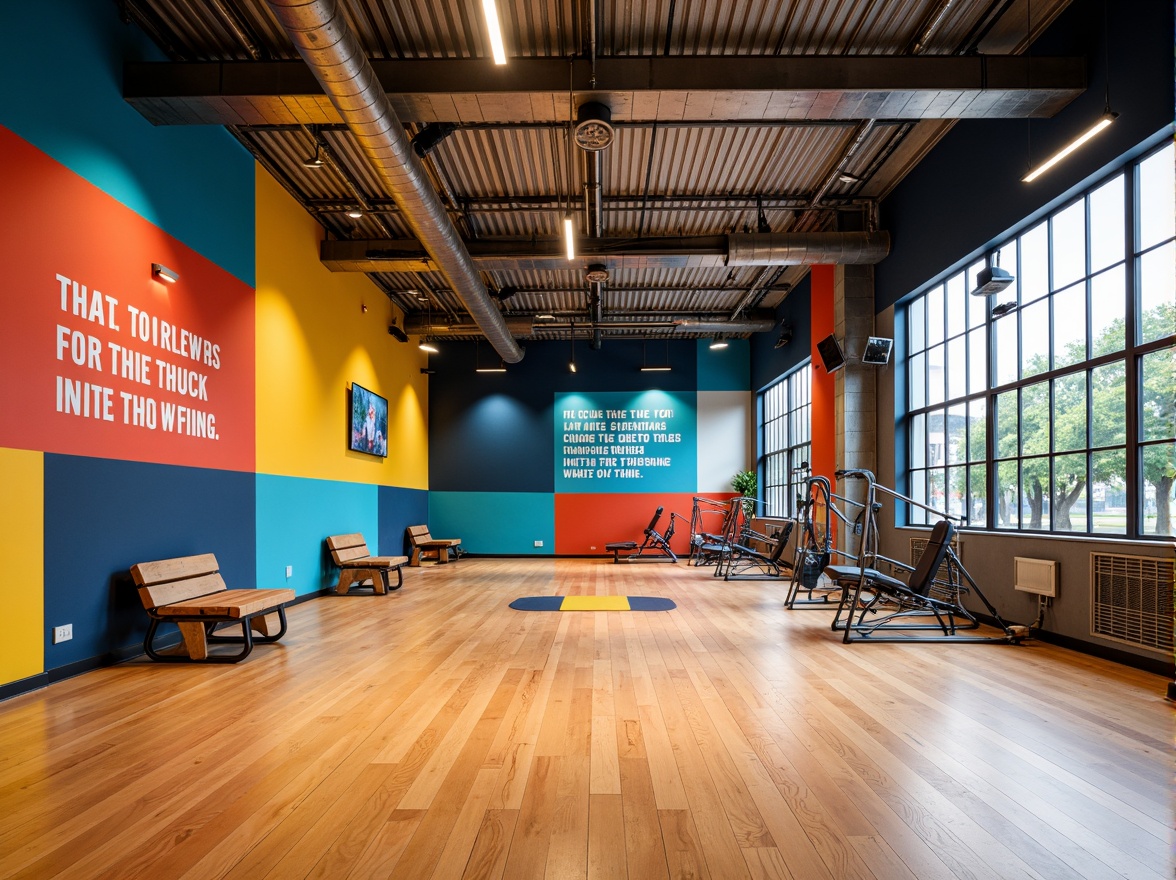 Prompt: Vibrant gymnasium interior, dynamic color scheme, bold accent walls, energetic flooring, modern sports equipment, sleek metal beams, industrial-style lighting, motivational quotes, inspirational wall art, lively atmosphere, natural wood tones, bright overhead lighting, high-contrast shading, 1/1 composition, shallow depth of field, realistic textures, ambient occlusion.