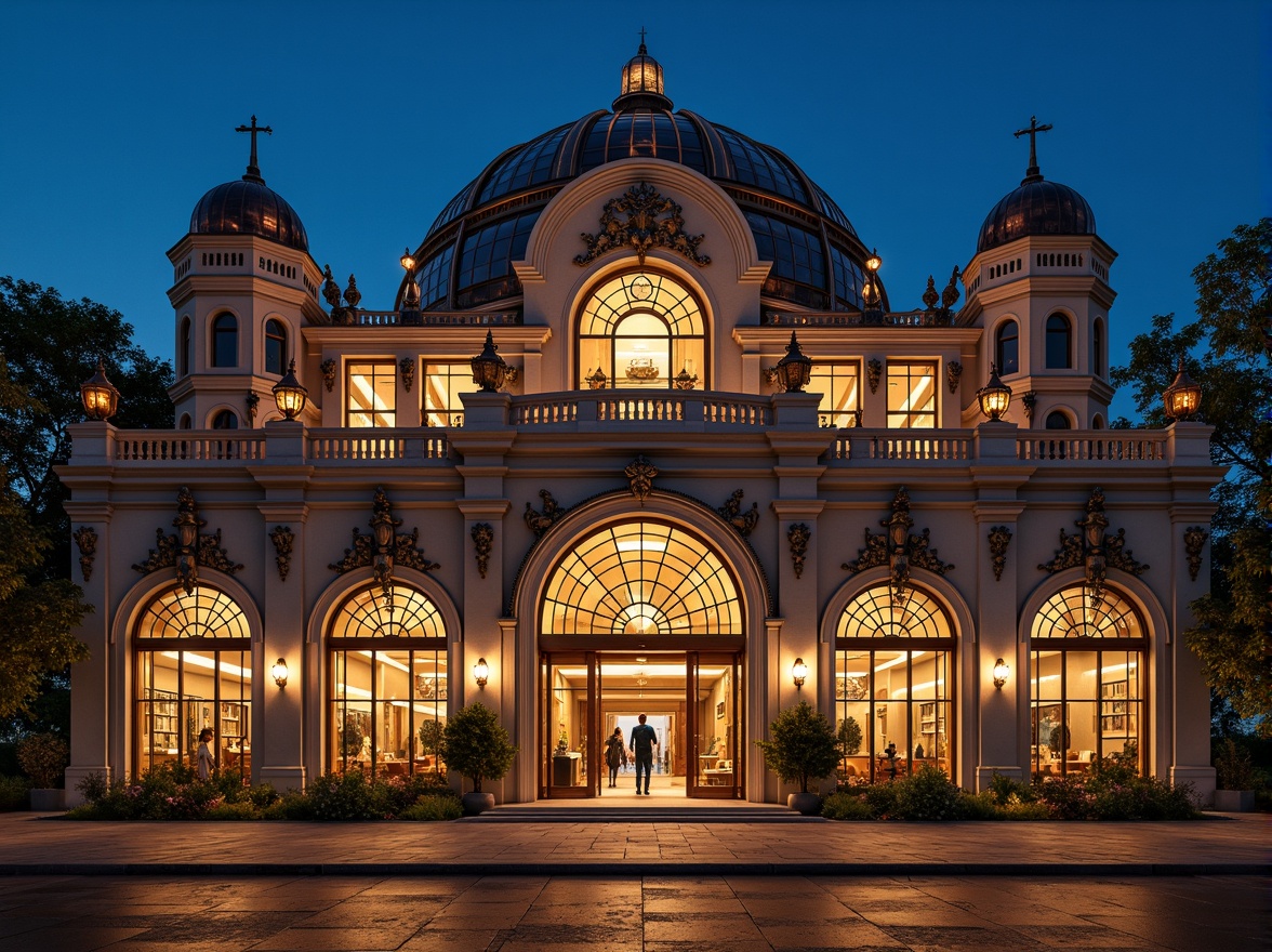 Prompt: Ornate planetarium facade, grandiose Baroque architecture, intricate stone carvings, ornamental clock tower, celestial-themed gargoyles, shimmering stained glass windows, majestic entrance archways, gleaming copper domes, starry night sky, soft warm lighting, dramatic shadows, high-contrast textures, 1/1 composition, symmetrical framing, realistic reflections.