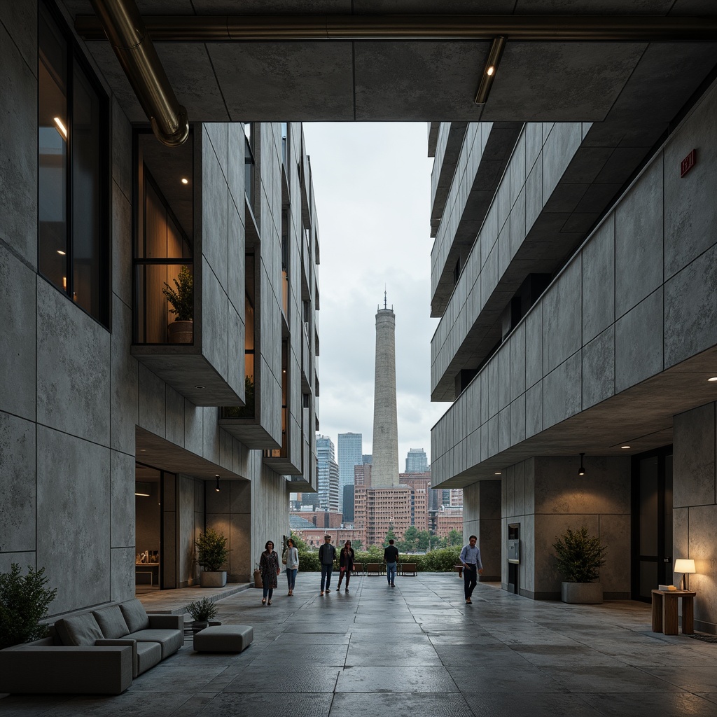 Prompt: Rough concrete walls, exposed steel beams, industrial metal pipes, minimalist interior design, brutalist architecture, geometric patterns, bold color blocking, raw unfinished materials, urban cityscape, overcast skies, dramatic lighting, high-contrast shadows, cinematic composition, 2.5D perspective, realistic rendering, ambient occlusion, subtle normal mapping.Let me know if this meets your requirements!