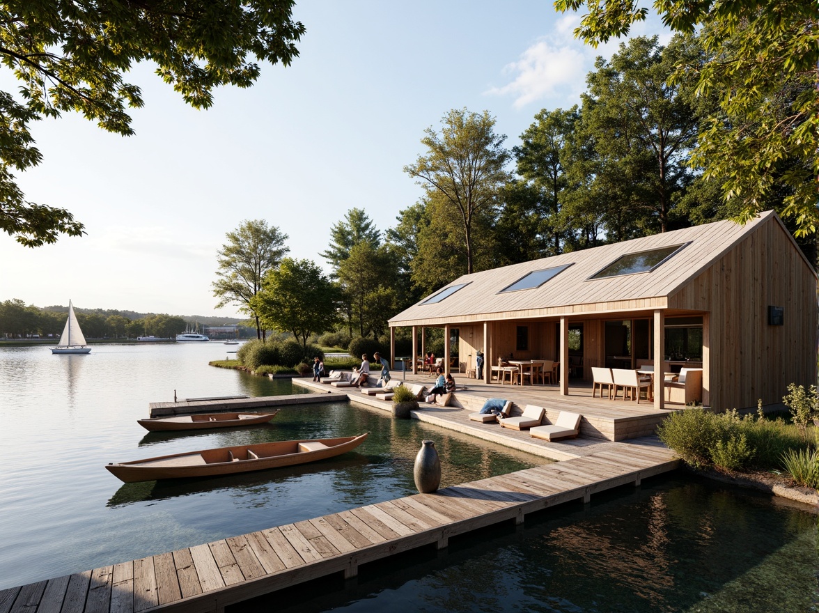 Prompt: Waterfront boathouse, rustic wooden dock, nautical ropes, sailing boats, reflective lake waters, surrounding lush greenery, tall trees, overhanging branches, floor-to-ceiling windows, sliding glass doors, skylights, clerestory windows, open-plan interior, minimalist decor, reclaimed wood accents, natural stone flooring, earthy color palette, warm sunny day, soft diffused lighting, shallow depth of field, 1/1 composition, panoramic view, realistic textures, ambient occlusion.