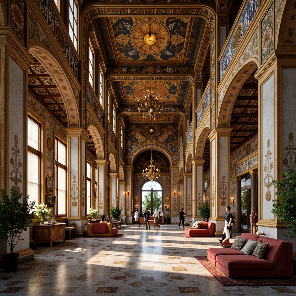 Prompt: Byzantine-inspired interior, ornate mosaics, gold accents, intricate patterns, vibrant colors, marble flooring, ornamental arches, grand domes, luxurious chandeliers, opulent furnishings, rich textiles, elaborate frescoes, sacred symbols, lavish decorations, dramatic lighting, warm ambiance, 3/4 composition, detailed textures, realistic reflections.