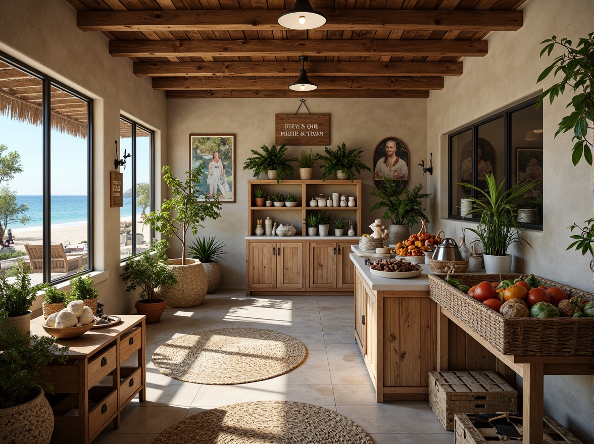 Prompt: Coastal grocery store interior, reclaimed wood shelving, natural stone flooring, woven sea grass baskets, driftwood accents, ocean-inspired color palette, soft blue-green lighting, large windows with beach views, rustic metal fixtures, woven jute rugs, earthy terracotta pots, potted coastal plants, distressed wood signage, vintage nautical decor, warm beige stucco walls, rough-hewn wooden crates, natural linen textiles, sea salt scented candles, shallow depth of field, 1/2 composition, warm soft focus.