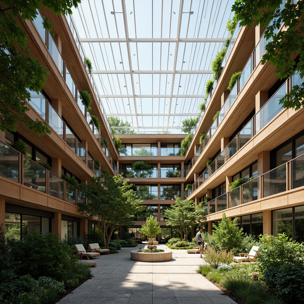 Prompt: Spacious atrium, abundant greenery, floor-to-ceiling windows, clerestory windows, skylights, transparent roofs, reflective surfaces, minimal shading devices, open-plan interior, bright airy atmosphere, natural ventilation systems, solar tubes, lightwells, radiant flooring, warm wood accents, earthy color palette, organic textures, soft diffused lighting, 1/1 composition, shallow depth of field, realistic renderings.