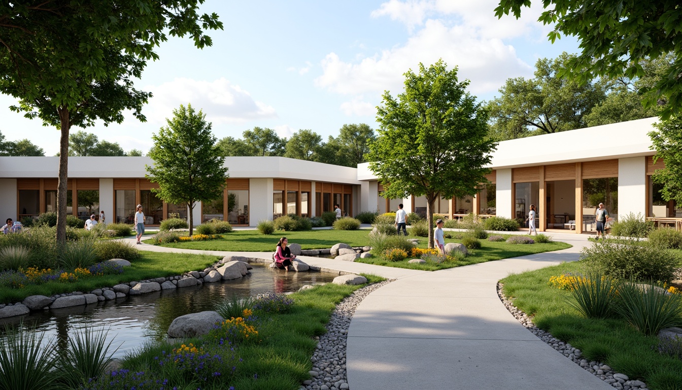 Prompt: Soothing rehabilitation center, serene natural surroundings, lush greenery, gentle water features, walking trails, outdoor therapy spaces, modern minimalist architecture, large windows, sliding glass doors, warm wooden accents, calming color schemes, soft diffused lighting, shallow depth of field, 1/2 composition, realistic textures, ambient occlusion, accessible ramps, wheelchair-friendly pathways, sensory gardens, fragrant herbs, vibrant flowers, birdsong ambiance, peaceful atmosphere.