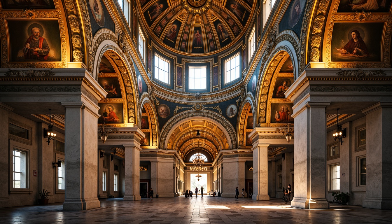 Prompt: Majestic domes, golden ornaments, intricate mosaics, ornate capitals, marble columns, grand arches, vibrant frescoes, sacred religious symbols, majestic interior spaces, soft warm lighting, shallow depth of field, 3/4 composition, panoramic view, realistic textures, ambient occlusion.